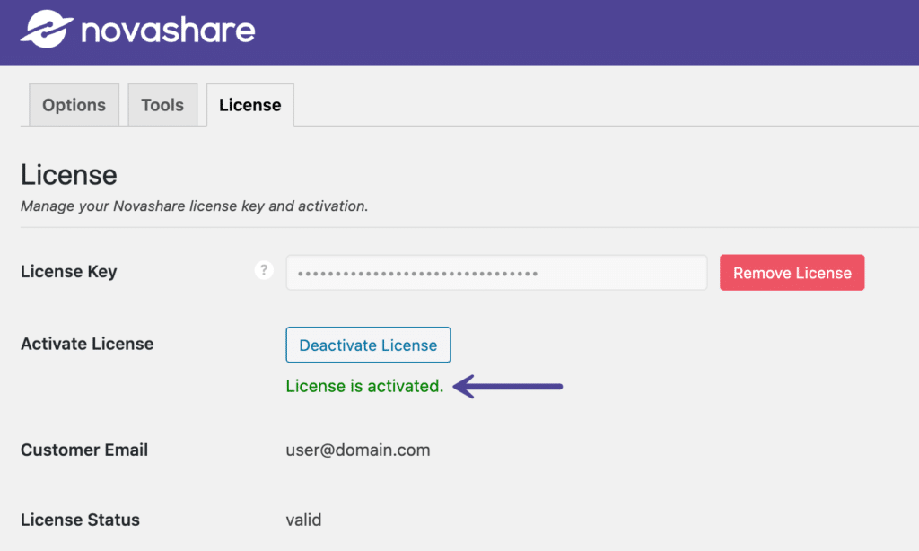 Novashare license is activated