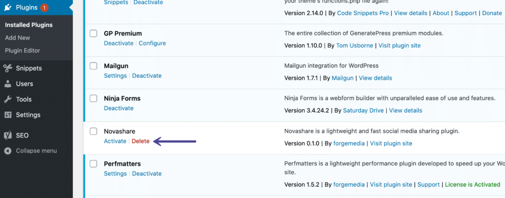 Delete Novashare plugin