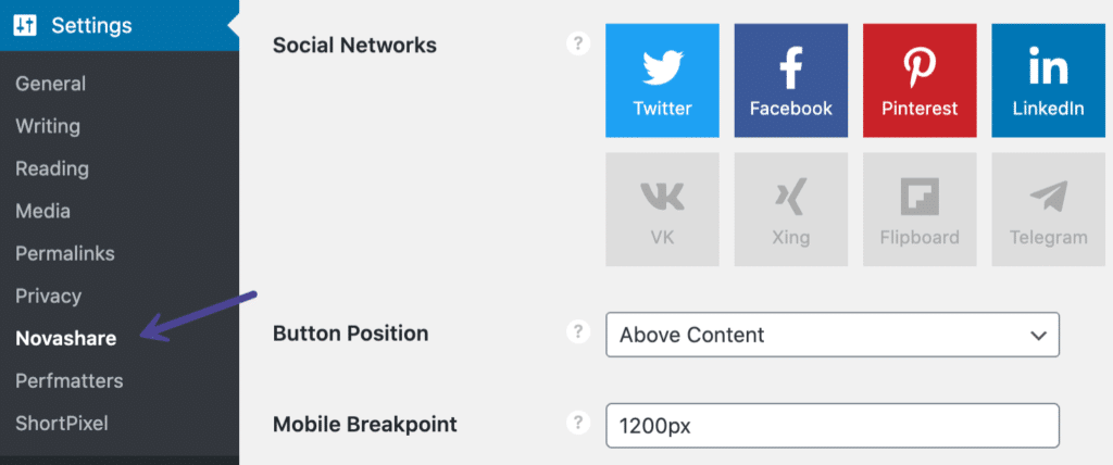 Novashare plugin settings