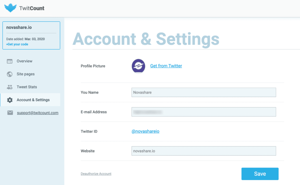 TwitCount dashboard