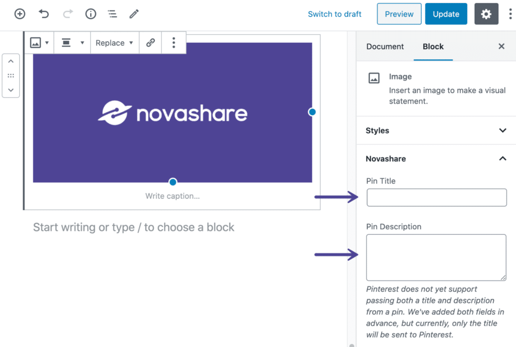 Novashare pin title and pin description