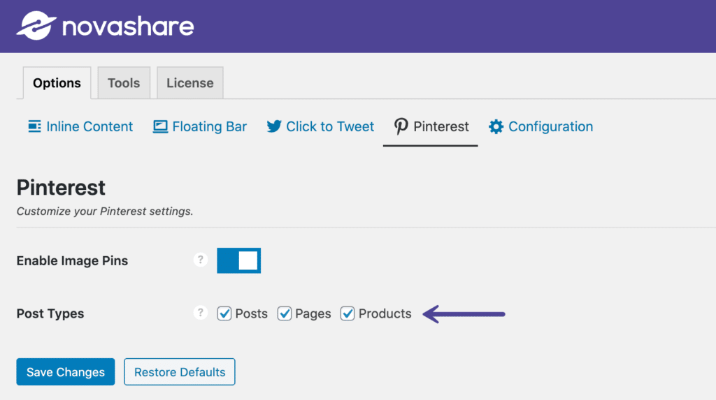 Novashare Pinterest image hover post types