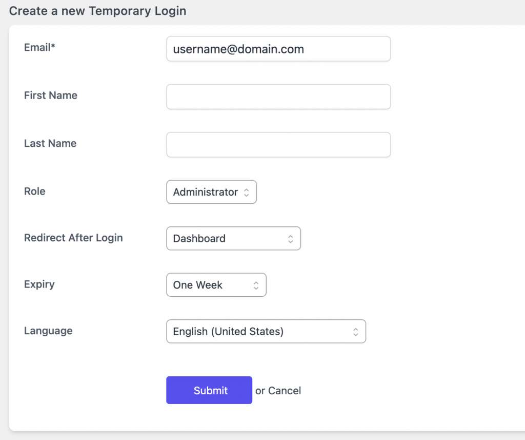 Temporary login info