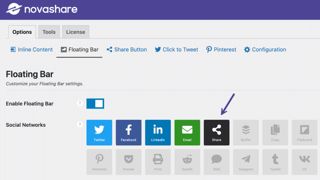 Enable Novashare share button