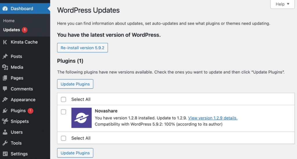 WordPress dashboard updates