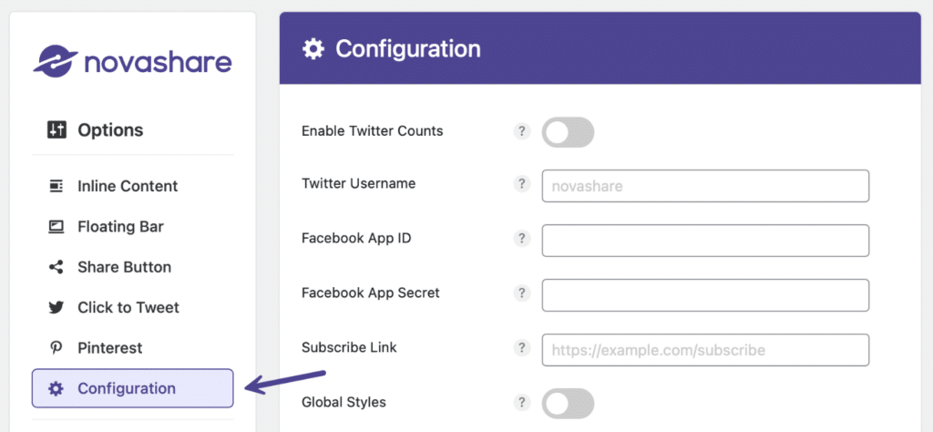 Novashare configuration tab