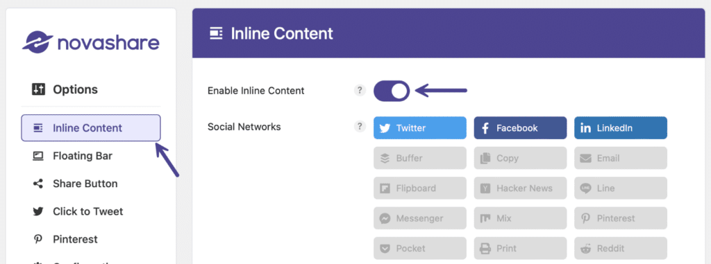 Novashare inline content share buttons