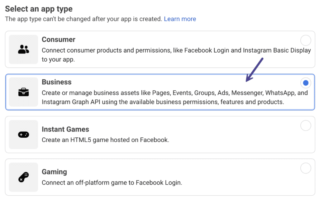 Facebook app type business